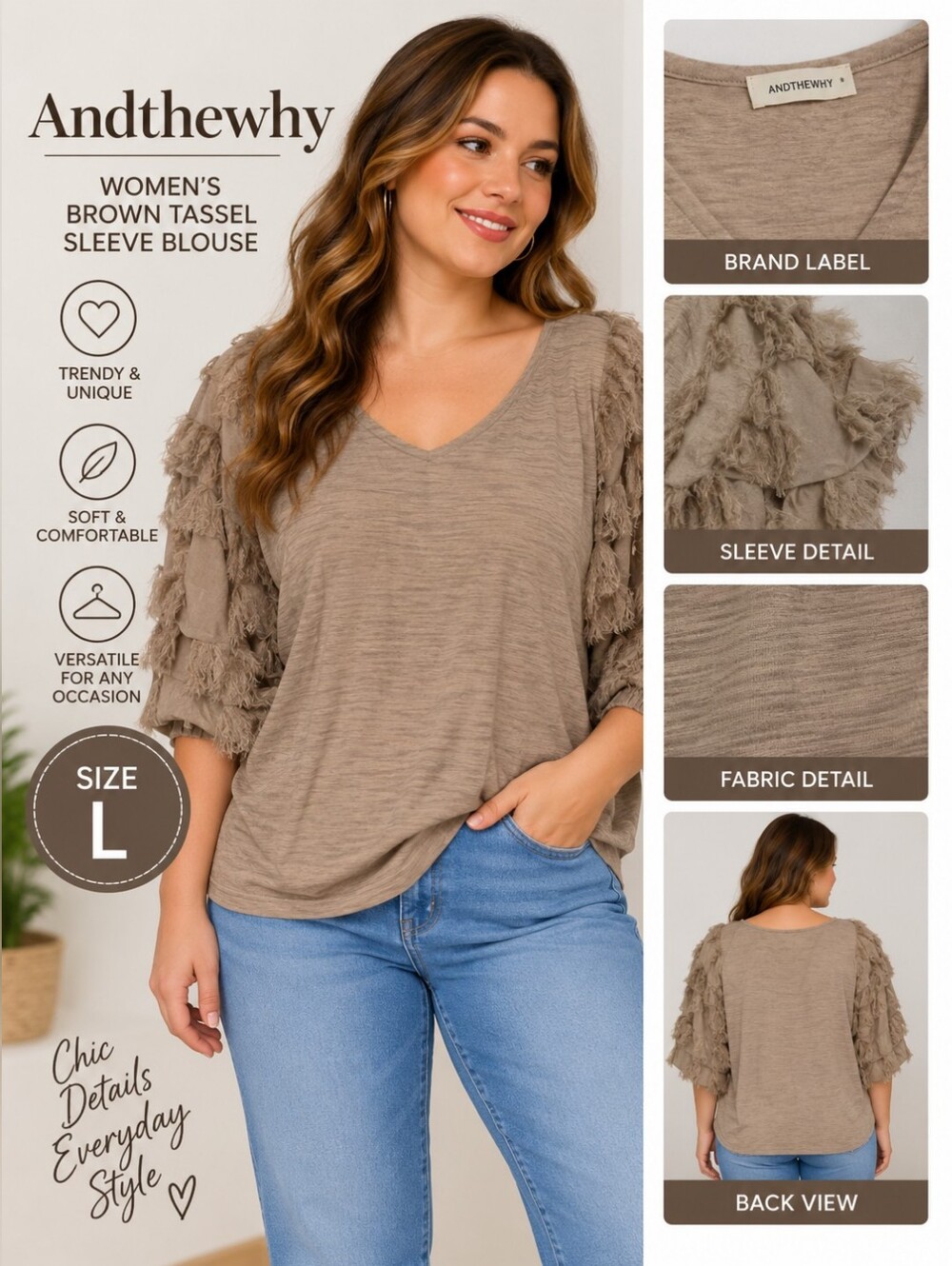 Andthewhy women's large brown tassel sleeve blouse #25